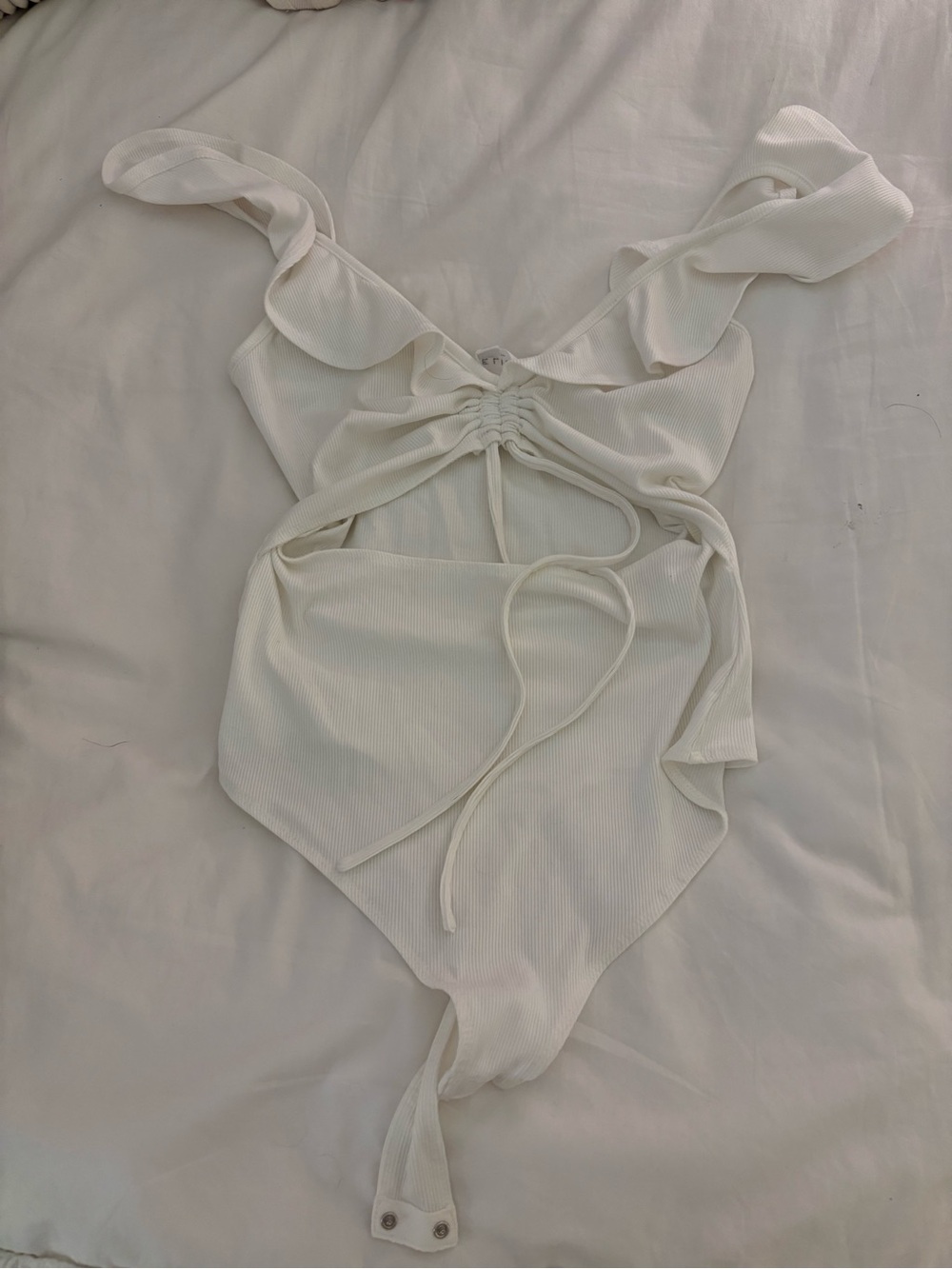 Le Lis White Ruffled Tie-Front Ribbed Bodysuit